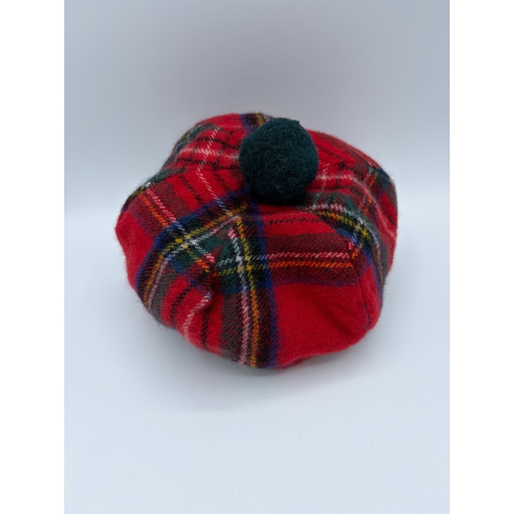 Lochcarron of Scotland Red Tartan Plaid Wool Tam O Shanter Beret Hat Pom Pom